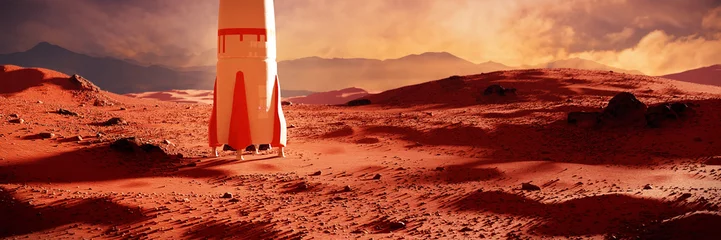 Fotobehang landschap op planeet Mars, ruimteschip dat op het oppervlak van de rode planeet landt (3d ruimteillustratiebanner) © dottedyeti