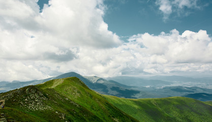 beautiful view of Chornohora mountain ridge from slopes of Hoverla mountain