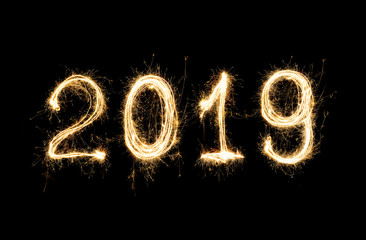 isolated 2019 written with Sparkle firework on black background, happy new year 2019 concept.
