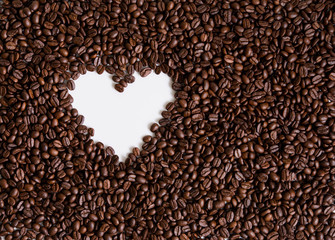 love of coffee, symbol of love, shape of heart from coffee beans