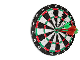 Isolated Dart Board with White Background. Holes on Dart Board Due to Throwing Darts Multiple Times. Four Darts Hit the Red Bullseye