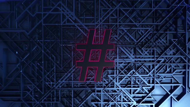 Hashtag sign in animated abstract background with tech grid