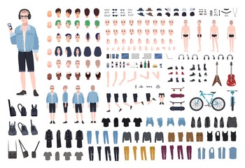 Young teenage boy DIY kit. Set of teenager's body parts in different positions, various subcultures' attributes, clothes and accessories isolated on white background. Cartoon vector illustration. - obrazy, fototapety, plakaty