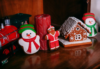 Christmas gingerbread decorated house snowman mitten train