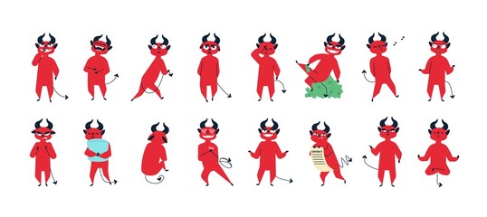 Collection of funny red-skined devil in different postures isolated on white background. Set of cute adorable demon expressing various emotions. Colorful vector illustration in flat cartoon style.