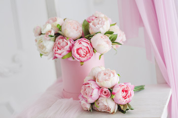 House interior in pink and white tones. It can be used as a background
