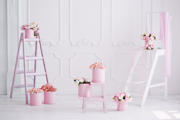House interior in pink and white tones. It can be used as a background