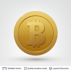 Bitcoin symbol on round coin with drop shadow.
