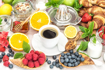Breakfast coffee croissants muesli milk honey Healthy nutrition