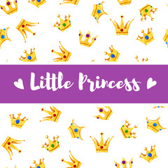 Vector Illustration. Cartoon crowns pattern with different crowns and Little Princess. Poster for small Princess
