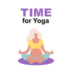 Fototapeta na wymiar Vector Illustration. Young beautiful pregnancy woman character meditation while sitting yoga position in modern flat style. Time for Yoga poster. Pregnant yoga pose for yoga studio.