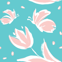 Vector Illustration. Hand draw butterfly and tulip. Paint butterfly. Seamless pattern with butterfly and tulip