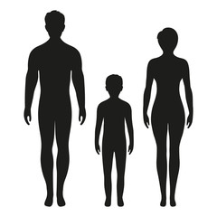 black silhouettes of a man a woman and a child on a white background