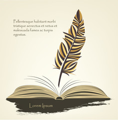 writing pen multicolored feather with open book
