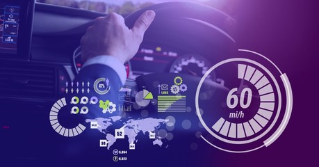 Man driving in car with heads up display interface