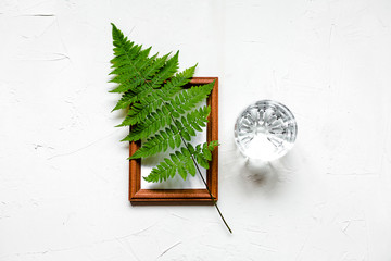 Green fern in a frame on white. Glass of water
