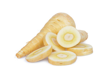 parsnip root with slices vegetable isolated on white background - obrazy, fototapety, plakaty
