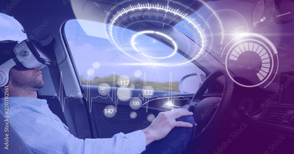 Poster man driving in car with heads up display interface and virtual