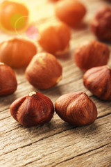 Hazelnuts on wooden table