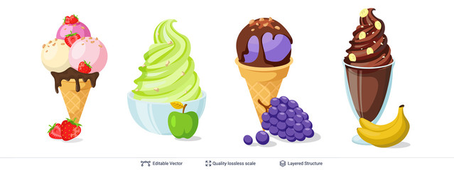 Ice cream refreshing desserts set on white.