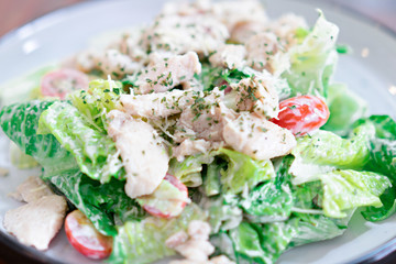 Caesar salad in a dish is a menu in the restaurant.