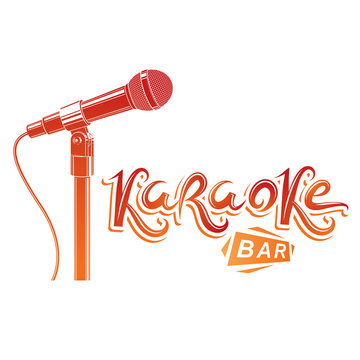 Karaoke bar writing, stage microphone equipment. Nightclub invitation emblem.