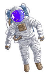 Astronaut in spacesuit floating in weightlessness, spaceman in open space realistic vector illustration isolated over white background. © Sylverarts