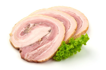 Twisted smoked pork meat slices with spices and herbs, isolated on white background