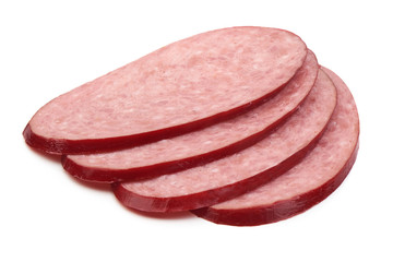 Salami smoked sausage slices, isolated on white background. Close-up.