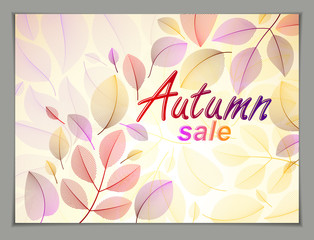 Autumn leaves horizontal background, nature fall template for design banner, ticket, leaflet, card, poster with red and yellow floral elements. Sale, advertising poster, brochure or flyer design.
