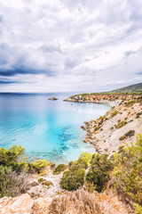 Panoramic view of scenic Ibiza island coastline, Balearic Ilands in Spain