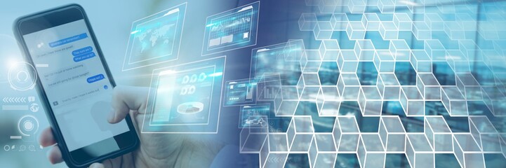 Hand holding phone with display interface glowing and transition