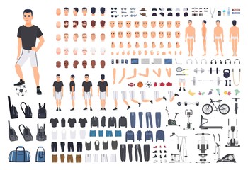 Football or soccer player creation kit. Bundle of man's body parts, poses, sports clothes, exercise machines isolated on white background. Front, side and back views. Cartoon vector illustration.