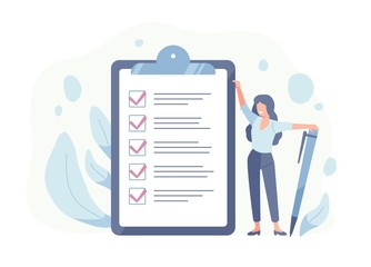 Happy woman standing beside giant check list and holding pen. Concept of successful completion of tasks, effective daily planning and time management. Vector illustration in flat cartoon style. - obrazy, fototapety, plakaty