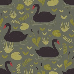 Colorful seamless pattern with gorgeous wild black swans floating in marsh or swamp among water plants. Vector illustration in flat cartoon style for wrapping paper, textile print, wallpaper.