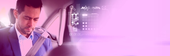 Man in driverless autonomous car with heads up display interface