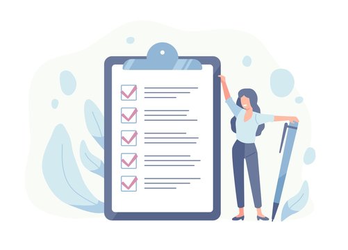 Happy woman standing beside giant check list and holding pen. Concept of successful completion of tasks, effective daily planning and time management. Vector illustration in flat cartoon style.