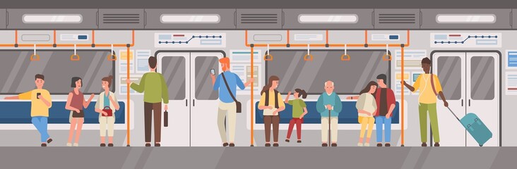 People or city dwellers in metro, subway, tube or underground train car. Men and women in public transport. Male and female characters using rapid transit. Vector illustration in flat cartoon style. © Good Studio