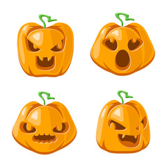 Pumpkin cartoon jack o lantern halloween decoration scary faces smile emoji icons set isolated design vector illustration