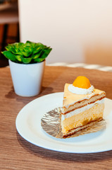 Fluffy layers mango cake pastry with cream, fresh mango