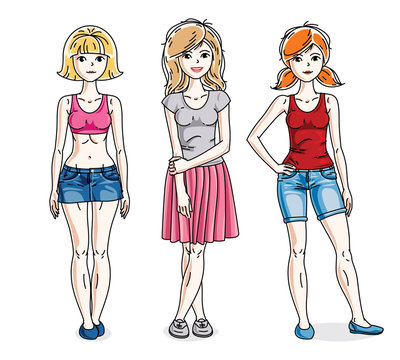 Attractive young adult girls standing in stylish casual clothes. Vector people illustrations set. Fashion and lifestyle theme cartoons.