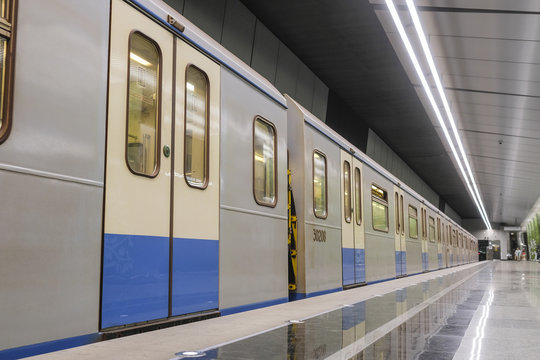 Moscow, Russia - August, 31, 2018: subway train on the station  Ramenky in Moscow, Russia