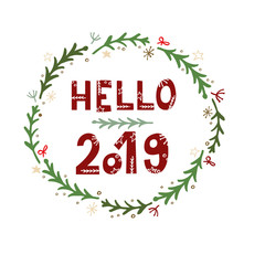 Hello 2019 greeting card with hand lettering on white background