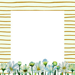 Floral watercolor background. Hand drawn chrysanthemum flowers, branches, leaves. Chrysanthemum Flower. Copy space for text, design card, wedding invitation, greeting, letter, poster, broadsheet, menu