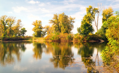 Fototapeta na wymiar Tree reflections in the lake in autumn time. Beautiful park