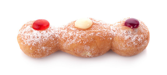 Tasty donut with jam on white background