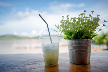 summer drink on desk and free space for your .