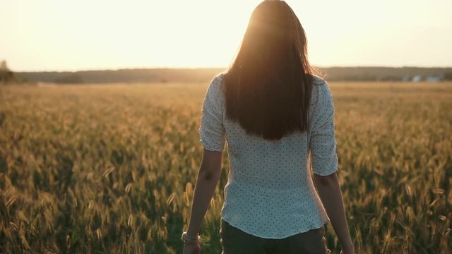 Shot from behind of young woman spending time alone in field, walking and thinking. Girl dreamer looking at sunset walking in nature.