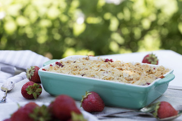 . Summer strawberry tart with crumble. sweet pie. crumble with strawberries.