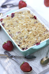 . Summer strawberry tart with crumble. sweet pie. crumble with strawberries.
